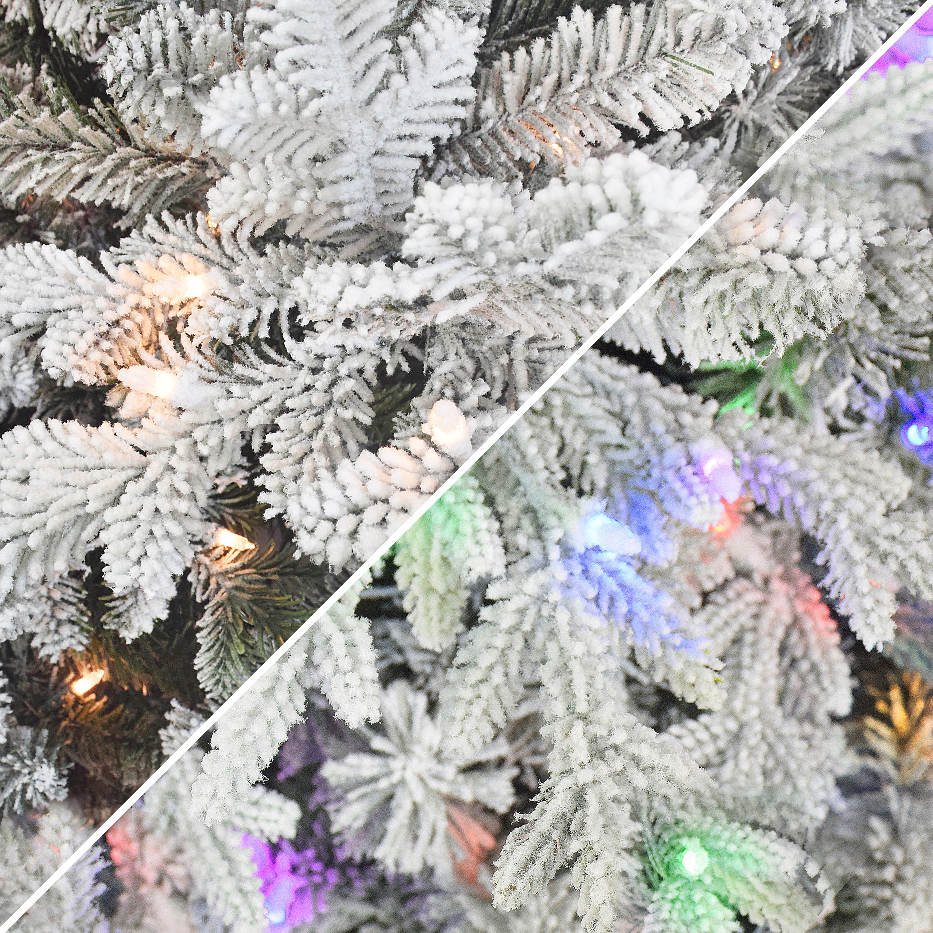 7.5ft Pre-lit Flocked Royal Majestic Douglas Fir Downswept Christmas Tree Sure-Lit Pole® 700 Dual Color LED Lights Metal Stand Green